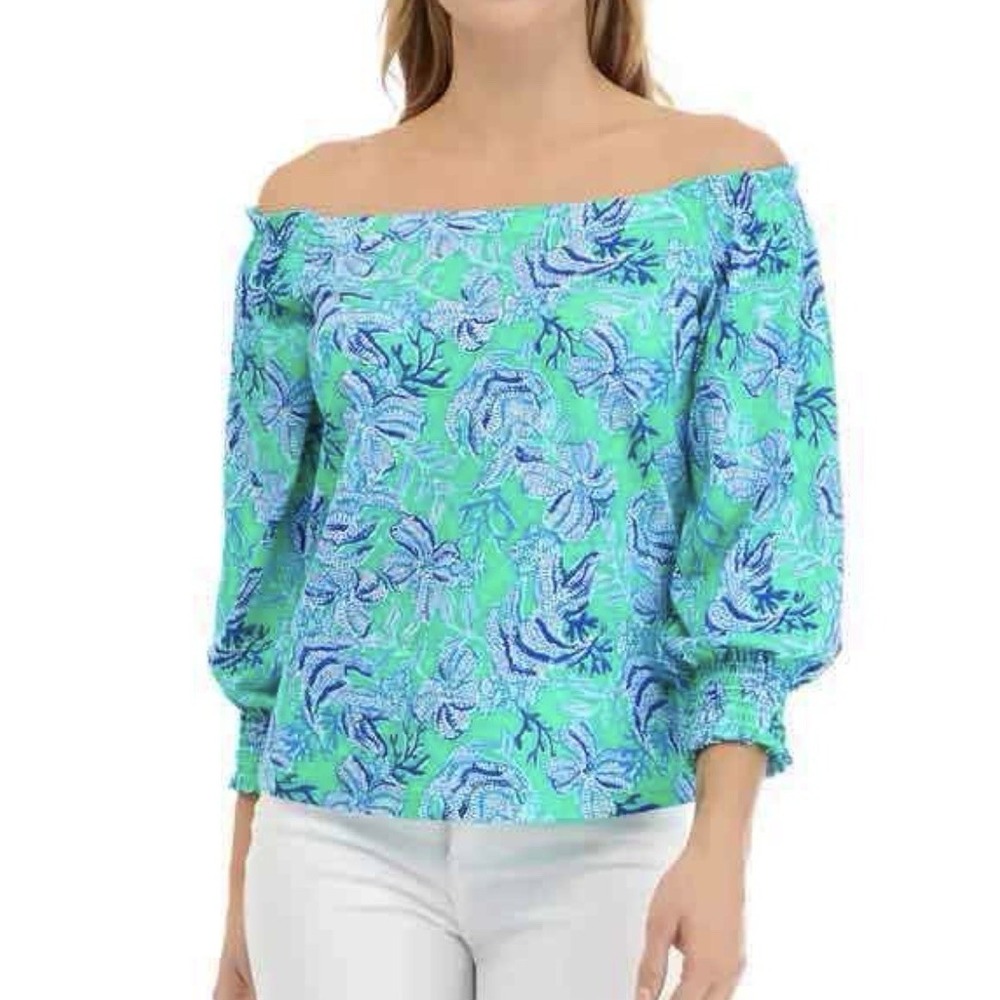 Lilly Pulitzer Lessa Off The Shoulder Top Blouse Cabana Green Cotton Sz M New